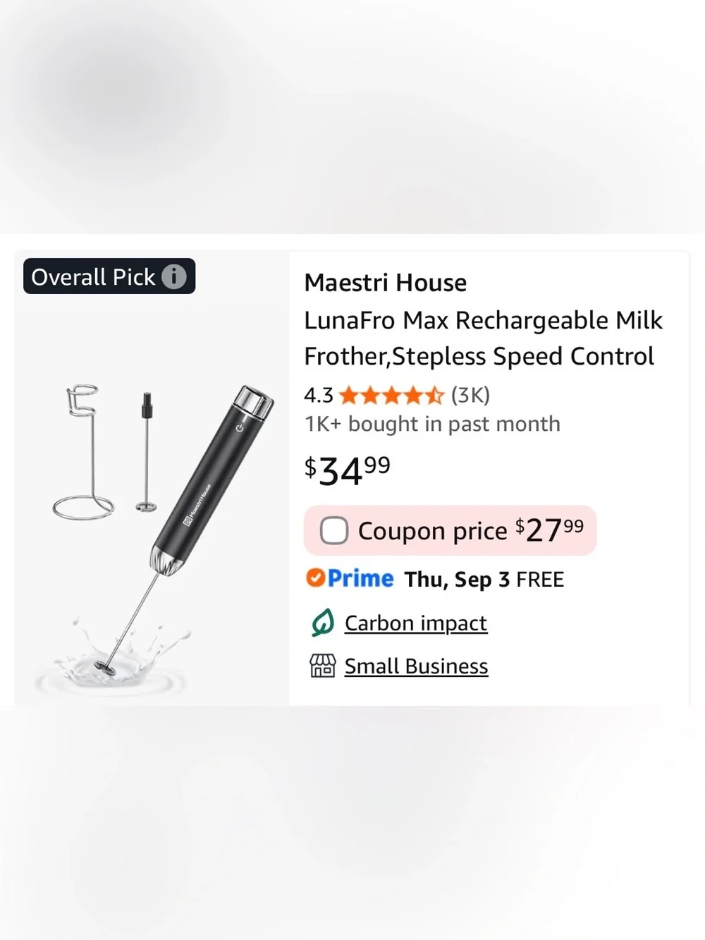 Maestri House LunaFro Max Rechargeable Electric Milk Frother Drink mixer NIOB
